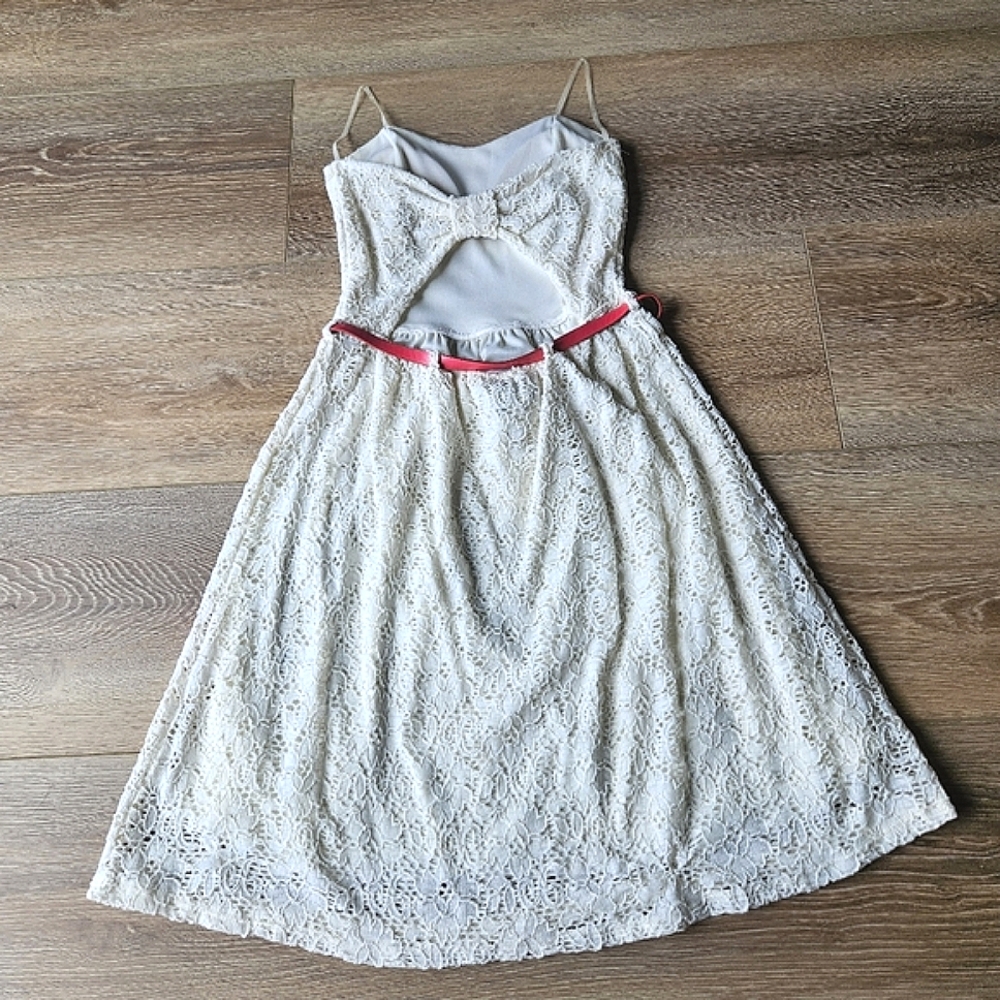 NWT Cream Ivory Lace Floral Short Strapless Dress Pink Belt, Keyhole Back